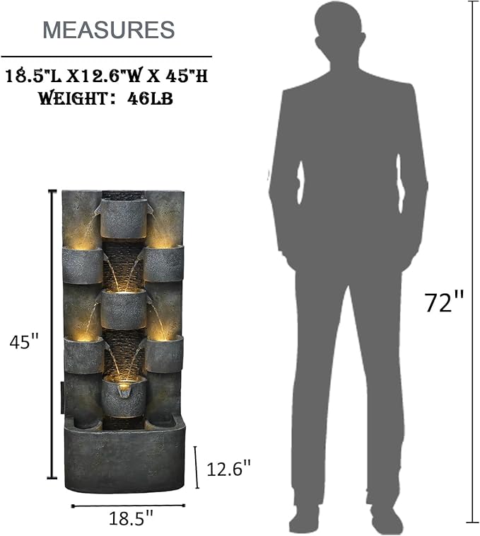 45" H Outdoor Water Fountain Garden - Large Cascading Waterfall Freestanding Fountains Water Feature with Lights for Patio Backyard Deck Porch and Home Decor, Concrete Artistry Style, Gray