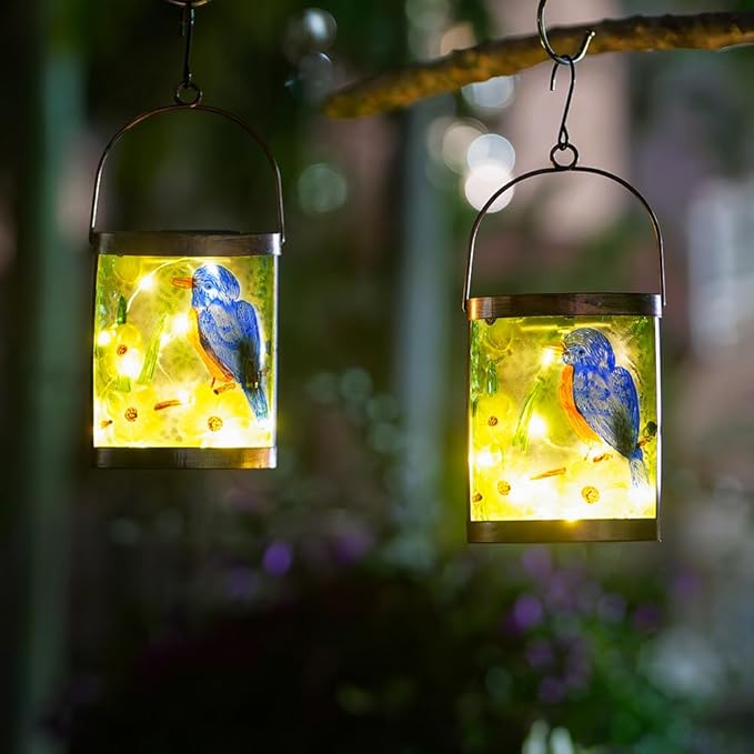 2 Pack Bluebird Solar Lanterns Outdoor Waterproof, Hanging Glass Solar Lantern with LED Light for Garden Yard Lawn