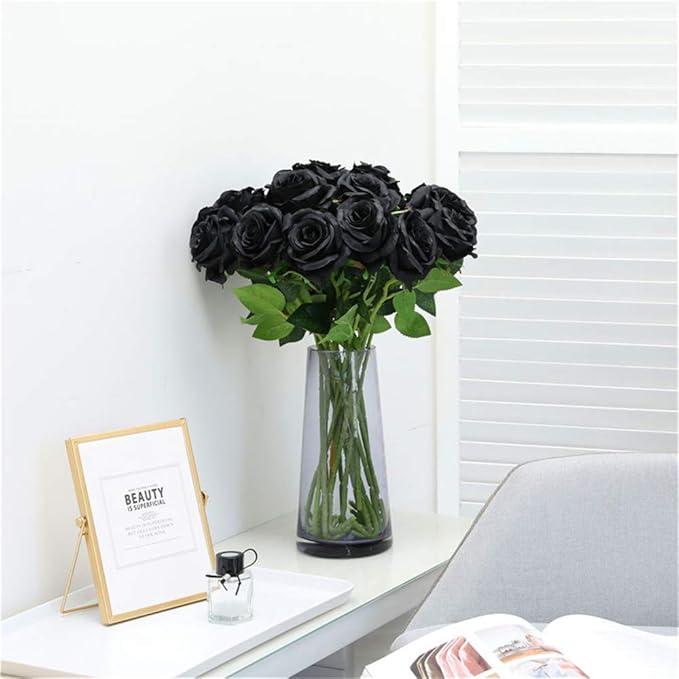 Hawesome 12PCS Artificial Silk Flowers Realistic Roses Bouquet Long Stem for Home Wedding Decoration Party (12PCS-Black)