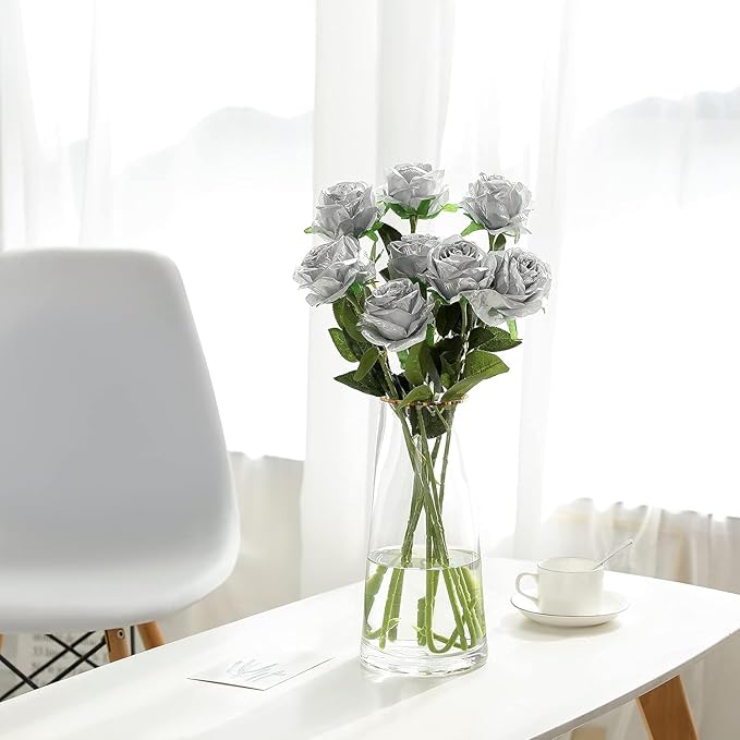 Silver Fake Roses Artificial Flowers - 10 Pcs Fake Artificial Roses Silk Flowers with Stems for Home Wedding Hotel Office Centerpiece Decor