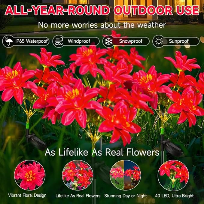 Neporal Solar Flowers Outdoor Waterproof Pink, Decorative Garden Lights Solar Powered Dusk to Dawn, 8-Stem, 2 Lighting Modes Plants Lights for Yard, Backyard, Porch (Modern, 2, Count)