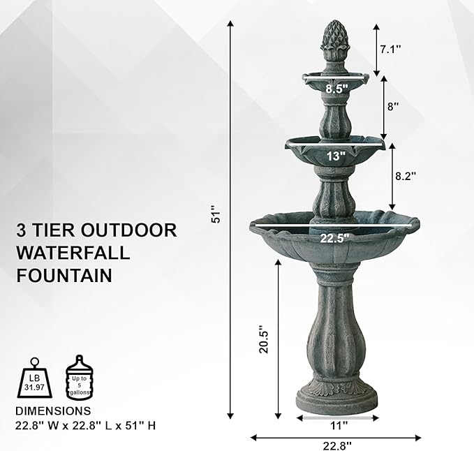 XBrand 3-Tier Freestanding Waterfall Fountain w/Pump & Pineapple Top, 51 Inch Tall, Grey, Large Outdoor Garden Fountain, Ideal for Garden, Porch, and Lawn