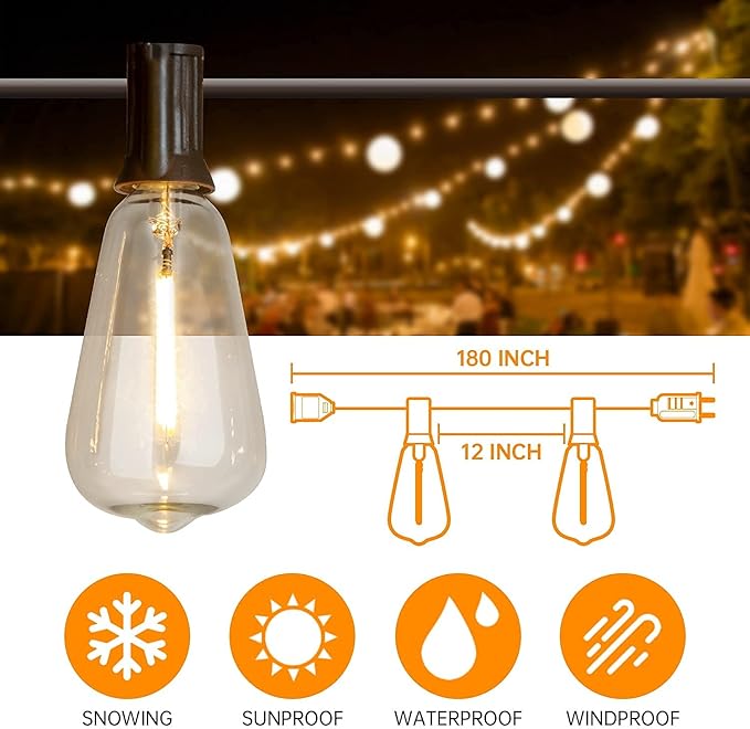 Vanthylit Outdoor String Lights, 15 FT Patio String Lights with LED Filament Bulb Waterproof Lights Retro Vintage Edison Bulbs for Backyard Patio Bistro Party Garden Connectable