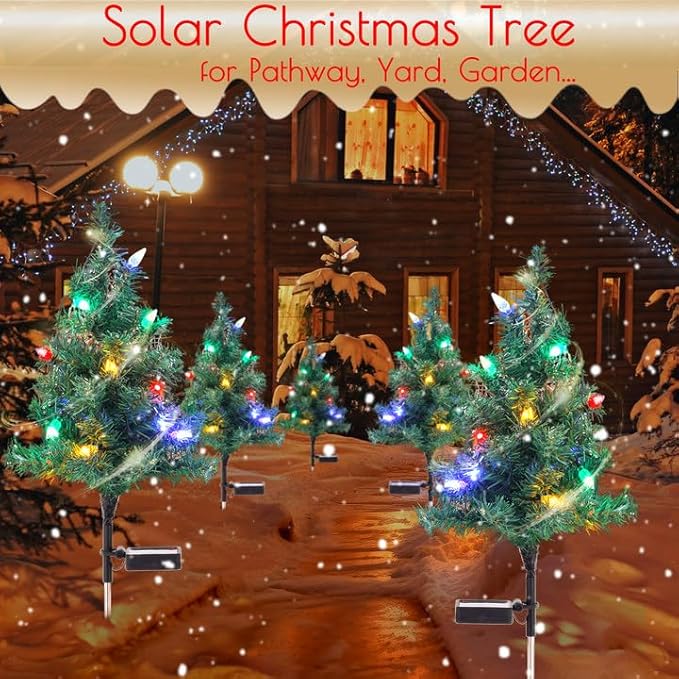 Solar Christmas Tree Lights Decorations - Outdoor Waterproof Xmas Pathway Stake With 20 Strawberry LED in 4 Colors for Garden/Patio/Lawn/Yard, Ornament 2 Packs