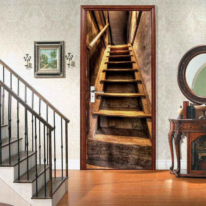 3D Door Stickers Murals Peel and Stick - Wooden Stairs - Door Wallpaper Self-Adhesive Door Decals Removable PVC Waterproof Door Poster for Bedroom Living Room Door 35.4" x 78.7"