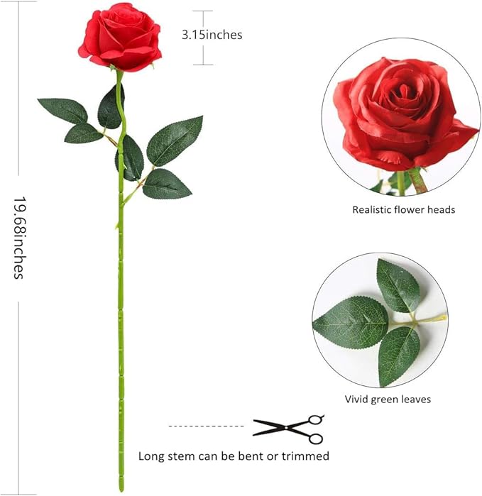 Red Fake Roses Artificial Flowers - 16 Pcs Fake Artificial Roses Silk Flowers with Stems for Home Wedding Hotel Office Centerpiece Decor