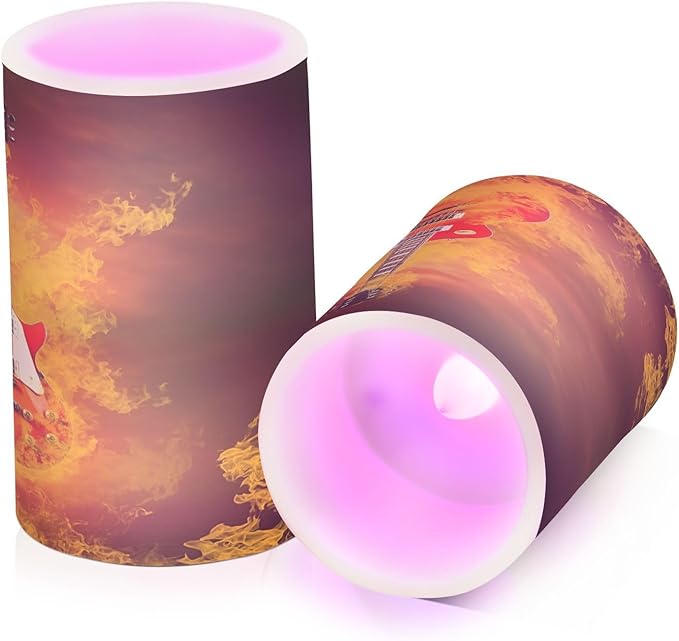 Flickering Flameless Candles, Rock Guitar in Fire Flames LED Candles with Remote Timer, Set of 2 Battery Operated Candle for Valentine Wedding Birthday