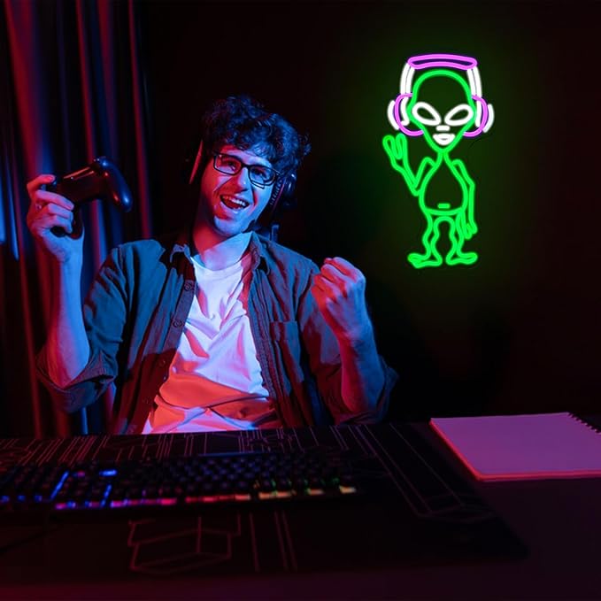 Alien Neon Sign for Wall Decor - Green Music Neon Light Dimmable Cool LED Light Up Sign for Music Studio, Game Room, Party, Bar, Man Cave Decoration