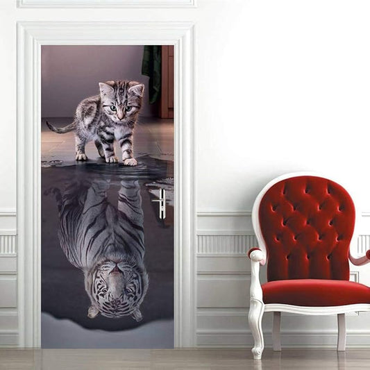 3D Door Stickers Murals Peel and Stick - Cat Becomes Tiger - Door Wallpaper Self-Adhesive Door Decals Removable PVC Waterproof Door Poster for Bedroom Living Room Door 31.5" x 78.7"
