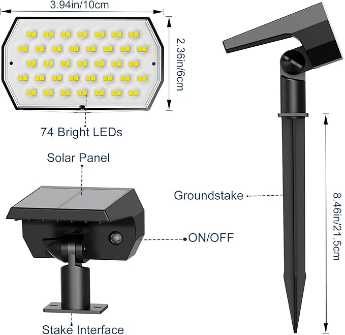 Solar Spot Lights Outdoor, [2 Pack/74 LED/3 Colors] 2-in-1 Solar Landscape Spotlights, IP65 Waterproof Auto On/Off Solar Powered Security Lights for Yard Garden Pathway Walkway