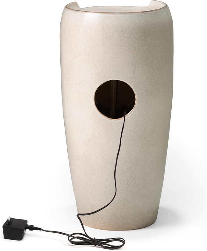 Glitzhome 29.25" H Oversized Ceramic Vase Outdoor Water Fountain Tall Patio Garden Water Fountain with LED Light and Submersible Pump Yard Art Decor, Sand Beige