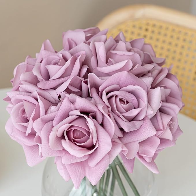Artificial Roses Single Stem 10pcs Fake Silk Flower Arrangement Bouquet Real Touch for Home Party Wedding Decoration(Light Purple)