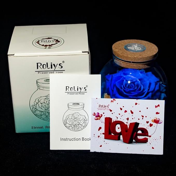 Preserved Real Roses with Colorful Mood Light Wishing Bottle, Eternal Rose，Never Withered Flowers, Table Decor,Christmas Anniversary Valentine's, Blue 4.3inch, 1pcs