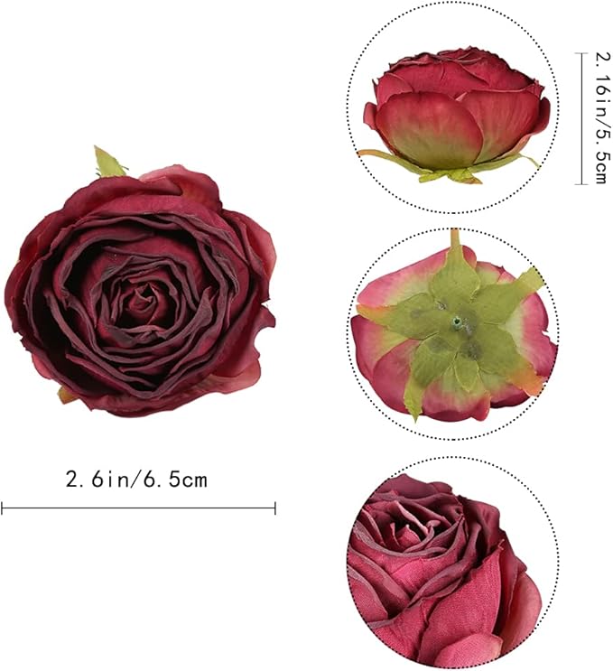 IPOPU Burgundy Flowers Artificial Rose Heads 25pcs Silk Flower Heads Bulk Dried Burgundy Silk Flowers for Artificial Bouquet Wedding Fake Flower Heads for Flower Wall Decor Bridal Shower (Burgundy)