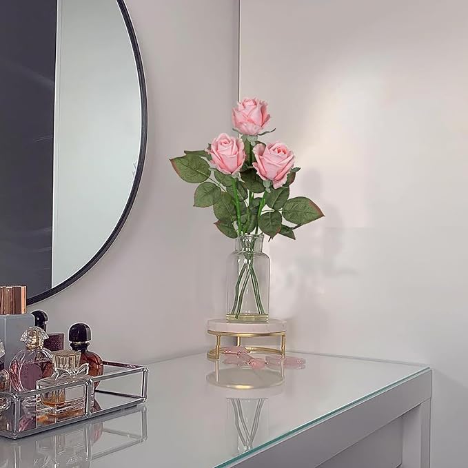 Artificial Realistic Roses Pale Pink Flowers 24" Real Touch Silk Roses Bouquet Long Stems Rose Fake Roses Decor for Home Party Wedding Table Centerpieces Roses Realistic - 5 Pcs