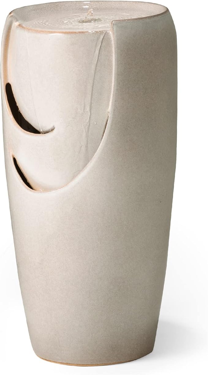 Glitzhome 29.25" H Oversized Ceramic Vase Outdoor Water Fountain Tall Patio Garden Water Fountain with LED Light and Submersible Pump Yard Art Decor, Sand Beige