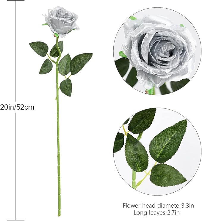 Hawesome 12PCS Artificial Silk Flowers Realistic Roses Bouquet Long Stem for Home Wedding Decoration Party (Silver 1)