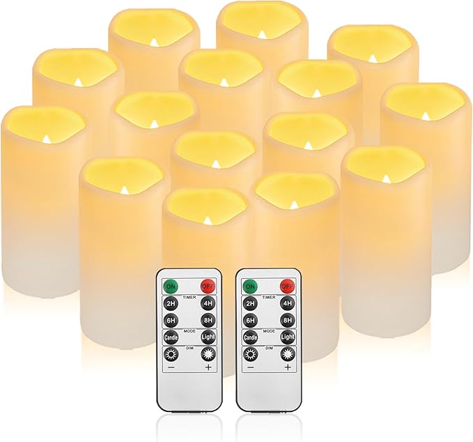 Waterpoof Flameless Remote Control Candles 15PACK D3''*H5.5''Battery Operated Flickering LED Pillar Candle,plastic with 10-Key 24Hours Timer for Outdoor/Indoor Home Party Garden Lanterns Porch (Ivory)