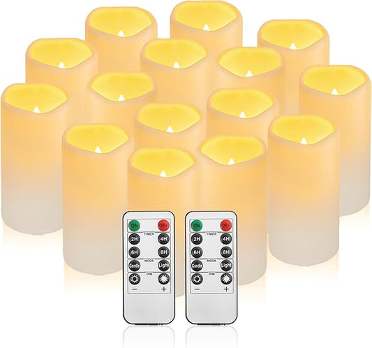 Waterpoof Flameless Remote Control Candles 15PACK D3''*H5.5''Battery Operated Flickering LED Pillar Candle,plastic with 10-Key 24Hours Timer for Outdoor/Indoor Home Party Garden Lanterns Porch (Ivory)