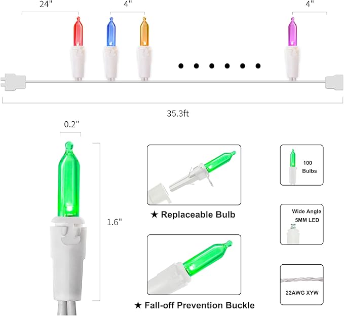 Multicolor LED Christmas Lights - 2 Pack 100 Count Multi-Colored Christmas String Lights for Tree, Party, Wedding, Holiday, Indoor/Outdoor Decor, 2 Sets 33 Feet White Wire, UL Certified, Connectable