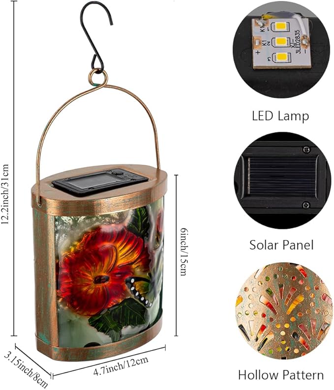 Starsoul 2 Pack Hanging Solar Lantern Outdoor Waterproof Glass Butterfly and Flowers Decorative Solar Lights for Outside Garden Yard Table Patio Decor