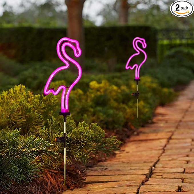 Flamingo Solar Garden Stake Lights, [Set of 2] Outdoor Solar Pathway Light for Lawn Patio Yard Walkway, Neon Pink Lighting (29.5" Height)