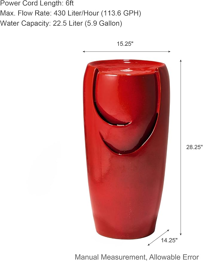 Glitzhome 29.25" H Oversized Ceramic Vase Outdoor Water Fountain Tall Patio Garden Water Fountain with LED Light and Submersible Pump Yard Art Decor, Red
