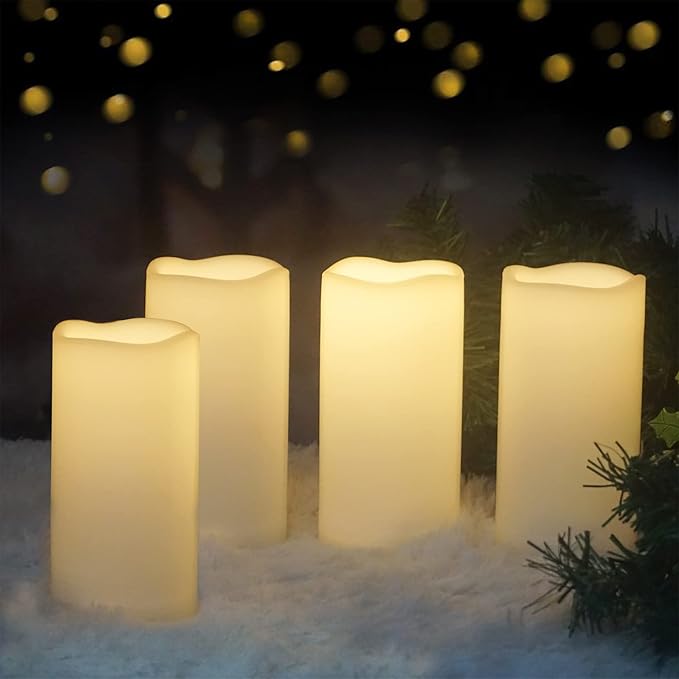 4 Pack Outdoor Battery Operated Candles with Timer Waterproof Led Flickering Candles Flameless Pillar Lights for Party/Lantern/Patio/Wedding/Garden,Cream White,3x6 Inch