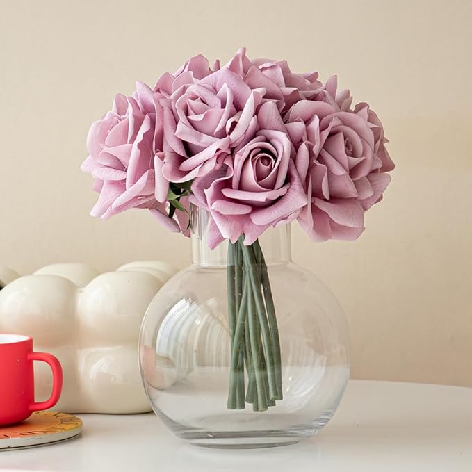 Artificial Roses Single Stem 10pcs Fake Silk Flower Arrangement Bouquet Real Touch for Home Party Wedding Decoration(Light Purple)