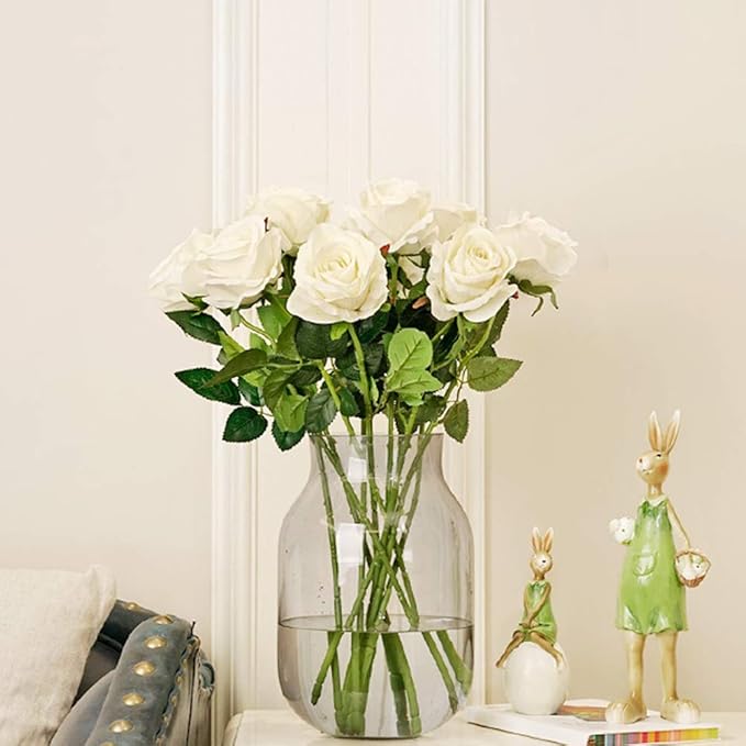 Amzali Artificial Flowers, Real Looking Blush Fake Rose Long Stem Silk Artificial Rose Flowers Home Decor for Bridal Wedding Bouquet, Centerpieces Birthday Flower Party Garden floral Arrangement White