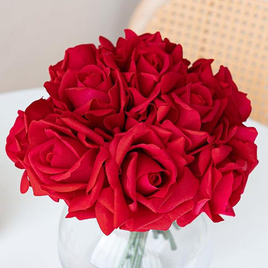 Artificial Roses Single Stem 10pcs Fake Silk Flower Arrangement Bouquet Real Touch for Home Party Wedding Decoration(Red)