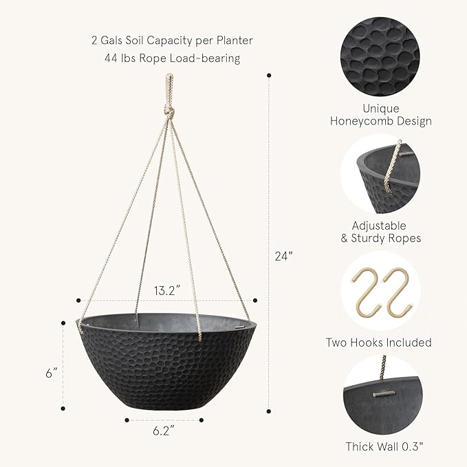 LA JOLIE MUSE Hanging Planters for Outdoor Plants, Large Hanging Planter with Drain Holes, Outdoor Hanging Flower Pots, Matte Black, Honeycomb (13.2 Inch, Set of 2)