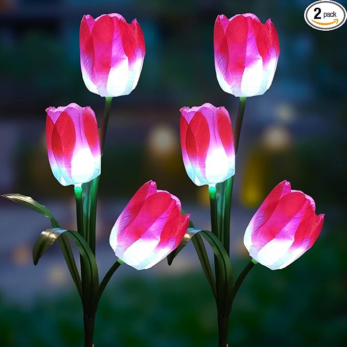 Veesee Outdoor Solar Tulip LED Flower Light, Christmas Gift, Solar Garden Stake Flowers, Decorative Solar Lamp for Patio Lawn,Solar Path Tulip Lights, Lawn, Garden, Yard, Grave Decoration-Red