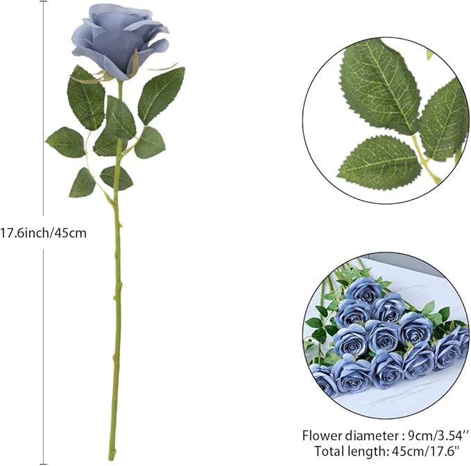 12pcs Rose Artificial Flowers Fake Roses Dusty Blue Silk Roses Blue Silk Flowers Rose with Long Stems for Wedding Home Party Centerpieces Decorations