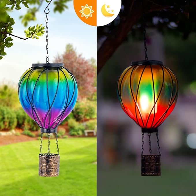 Gradient Color Solar Hot Air Balloon Outdoor Lantern with Flickering Flame Hanging Outdoor Lantern Waterproof Decorative Lantern Lamp for Patio, Garden, Porch