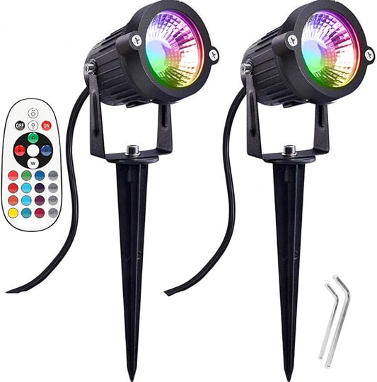 Pack of 2, 12V Low Voltage Outdoor LED Landscape Lights Waterproof Spotlight with Spike Stand for Driveway, Outdoor Lawn Lighting, Flood Garden, Yard (9W RGB)