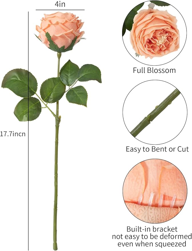 DuHouse 5Pcs Silk Roses Fake White Roses with Stems Real Touch Rose Artificial Flowers for Arrangement Wedding Party Home Decoration(Peach Fuzz)