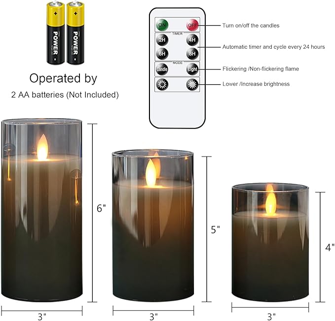 Glass Realistic Flickering Flameless Candles with Remote Timer, LED Pillar Candles Battery Operated with 3D Wick, Real Wax Fake Candles Home Decor for Wedding Festival Party