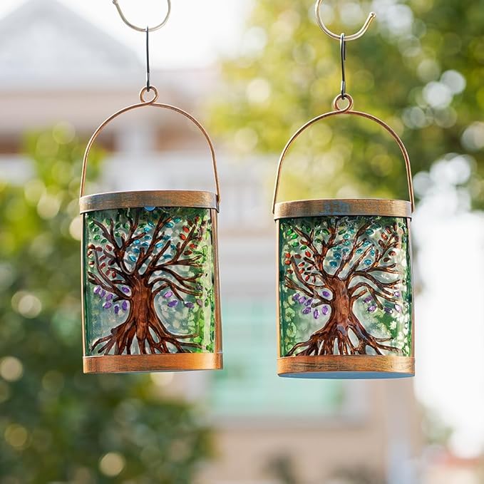 2 Pack Tree of Life Solar Lanterns Outdoor Waterproof, Hanging LED Solar Lantern for Tabletop Garden Yard Patio Decoration