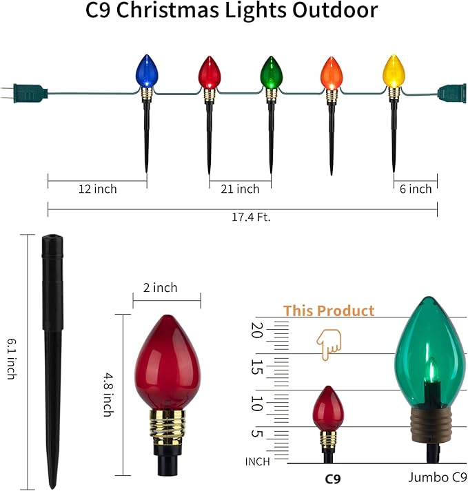 C9 Christmas Pathway Lights Outdoor-17.4 Ft 10 Lights C9 Walkway Lights Waterproof for Ground Sidewalk Driveway Yard Outdoor Christmas Decorations