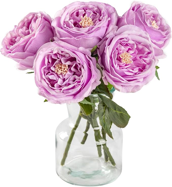 DuHouse 5Pcs Silk Roses Fake Purple Roses with Stems Real Touch Rose Artificial Flowers for Arrangement Wedding Party Home Decoration
