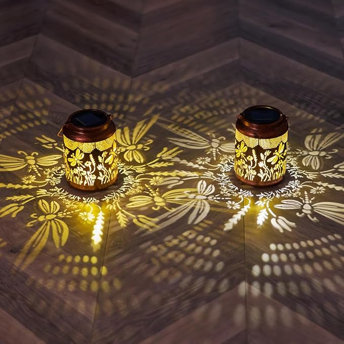 2 Pack Dragonfly Solar Lanterns Outdoor Waterproof 6.9" Metal Hanging Solar Lights Outdoor LED Light Dragonfly Decorative Lantern for Patio,Porch,Yard,Garden Decor,Birthday Gifts for Women Mom