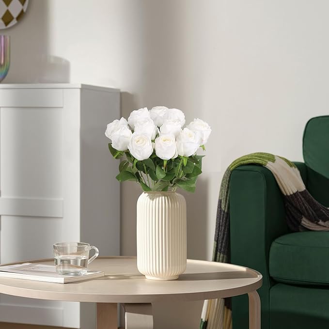 12 pcs White Roses Artificial Flowers Vintage Burnt Edge Rose 20" Realistic Silk Roses Bouquet with Long Stem for Wedding Party Floral Centerpieces Decoration (White)