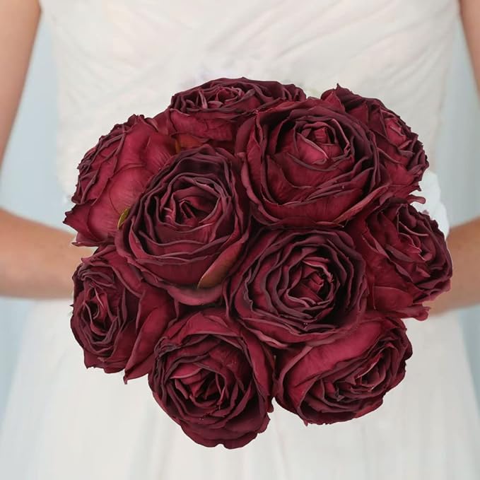 IPOPU Burgundy Flowers Artificial Rose Heads 25pcs Silk Flower Heads Bulk Dried Burgundy Silk Flowers for Artificial Bouquet Wedding Fake Flower Heads for Flower Wall Decor Bridal Shower (Burgundy)
