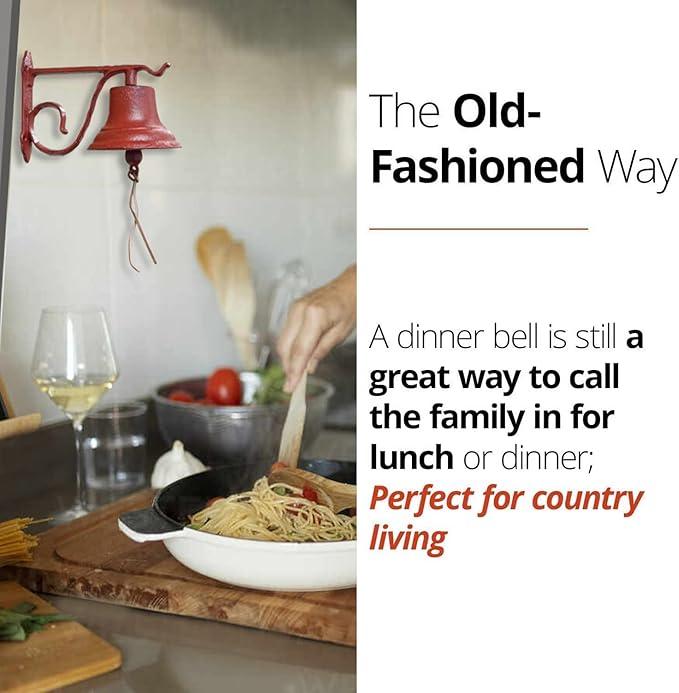 NACH Dinner Bell Outdoor, 8.5 x 5 x 6.5 inch, Antique Red Cast Iron Wall Bell, Decorative Doorbell for Outside