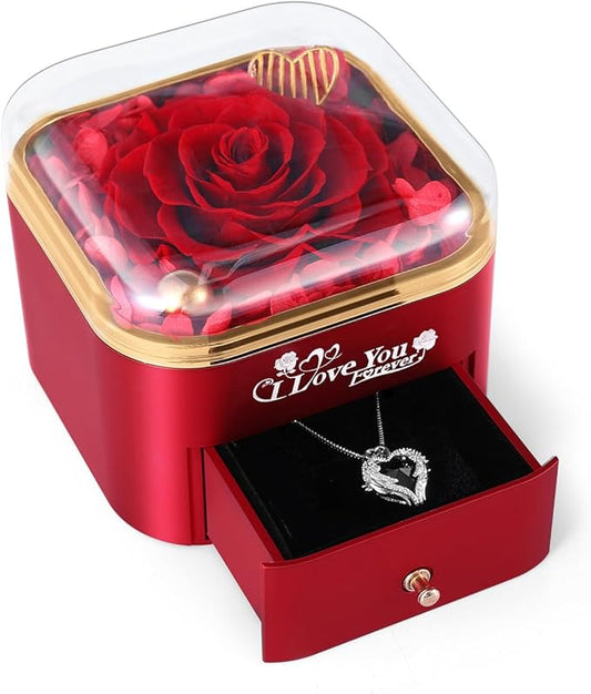 Mikasol Preserved Rose & Heart-Shaped Necklace with Jewelry Box - Preserved Rose, Ideal Romantic Gift for Women, Anniversary, Valentines, Red, 4.9"x4.5"x4.2"