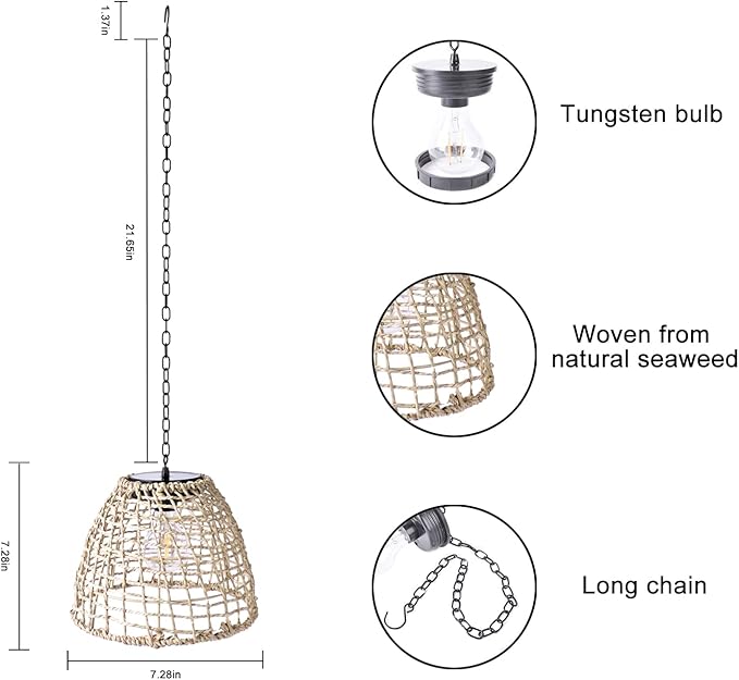 Vintage Rattan Basket Shade Solar Lantern Hanging Lighting Country Style Pendant Light Patio Garden Farmhouse Decoration Rustic Handmade Rattan Pendant Lamps.