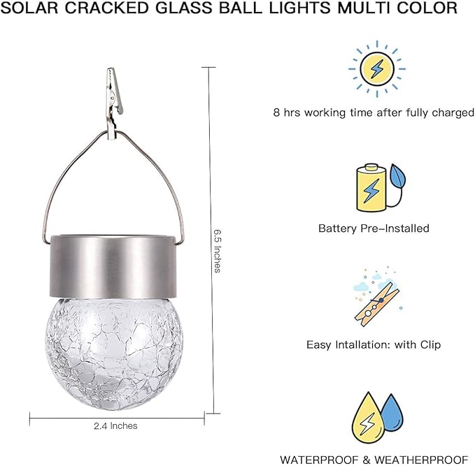 SUNWIND Hanging Solar Ball Lights Outdoor - 8 Pack Auto Color Changing Cracked Glass Decorative Garden Lights Hanging Solar Lanterns for Yard, Patio, Fence, Tree, or Holiday Decoration(Multi-Color)