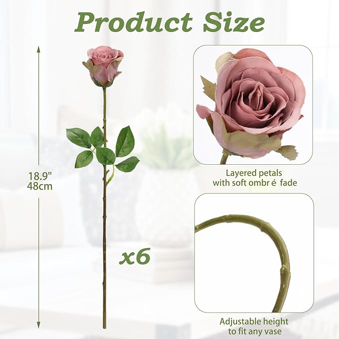 Briful Dusty Roses Pink Artificial Flowers– 6PCS 18.9" Faux Rose Silk Flowers with Long Stems Realistic Fake Rose Bouquet for DIY Wedding Arrangements Table Vase Centerpieces Home Event Decor