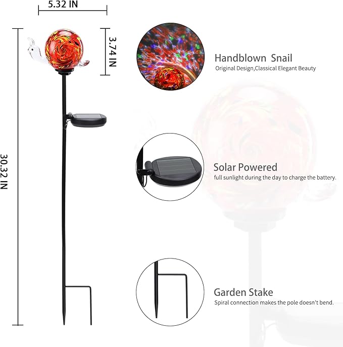 Solar Garden Decoration Outdoor Snail Lights, Hand Blown Glass Waterproof Solar Light Stake Decorate Paths, Pathways, Lawns and Yards Art for Mom, Mother's Day Gifts
